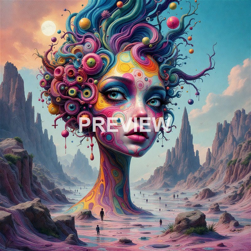 A surreal landscape featuring a giant, colorful, and intricately patterned female face with flowing hair made of swirling shapes and orbs, set against a mountainous terrain with a sky illuminated by a bright sun.